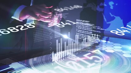 Animation of covid cells over data processing and world map - Powered by Adobe