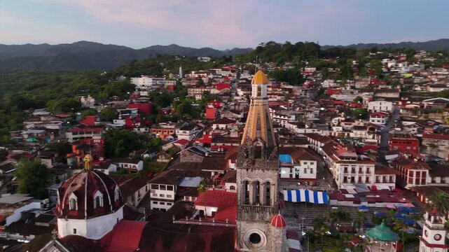 Jarritos church in Cuetzalan Mexican city at sunset. Aerial view