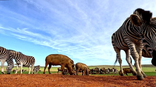 Low angle close up of an inquisitive stallion zebra showing a missing ear