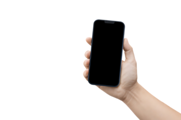 Realistic hand holding smartphone with blank black screen for mobile app presentation or website mockup display isolated on transparent background