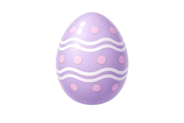 Purple easter egg with white wavy lines and pink polka dots decorative patterns for spring holiday isolated on transparent background