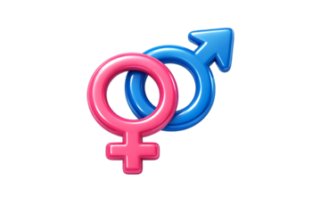 3d render glossy pink female and blue male gender symbols linked together for relationship and equality concept isolated on transparent background