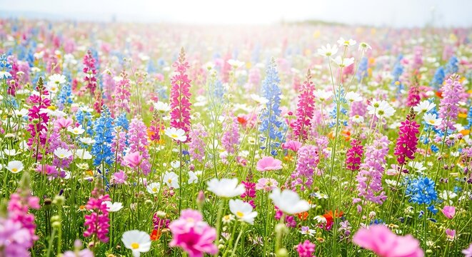 Colorful wildflower meadow with delphinium and cosmos flowers, blooming spring flower field landscape under sunlight, nature garden background.