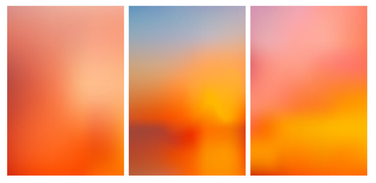 Warm gradient background with sunset colors that smoothly transition through orange, red and gold tones, Set of backgrounds with soft blurred sunset colors. Vector illustration.
