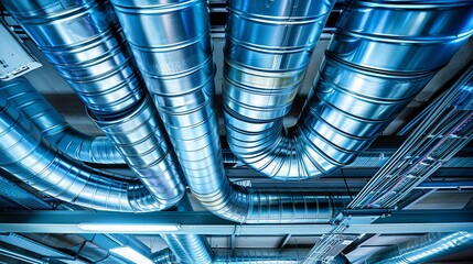 Intricate design of a modern industrial ventilation system with metallic ducts and cable channels