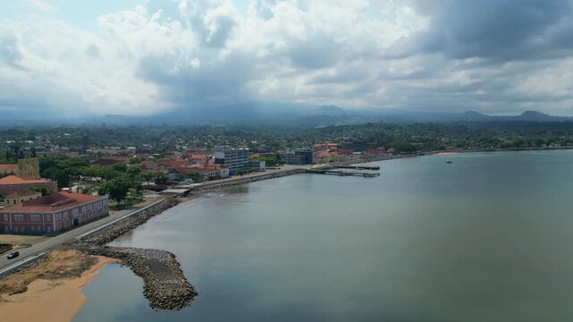 Aerial view of the marginal of the city of S&atilde;o Tom&eacute; after its remodeling, including the construction of a new pontoon. S&atilde;o Tom&eacute;,Africa