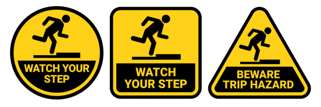 Tripping hazard symbol safety sign. Watch your step signs. Floor surface obstacle fall caution symbol. Person foot falling beware sign. Vector Illustration.