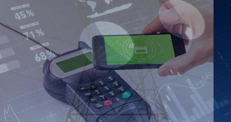 Animation of financial data processing over smartphone and payment terminal - Powered by Adobe