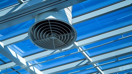 Modern ventilation design  white cylindrical air duct and diffuser under glass roof in atrium