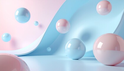 Abstract 3D Spheres Floating on Pastel Waves - Light Blue and Pink