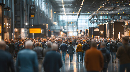 Obraz premium Crowd of people walking through a large modern exhibition or trade fair hall.