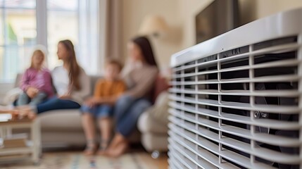 Cozy living room scene featuring a close up of a white ventilation grille and a family atmosphere