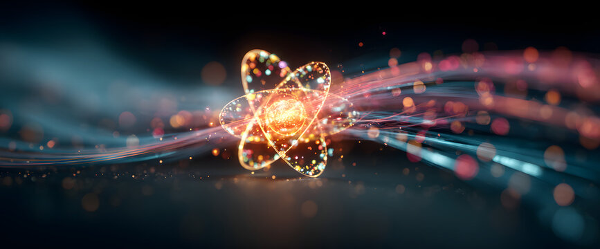 Abstract digital illustration of glowing atomic structure with orbiting particles and vibrant neon light trails on dark background