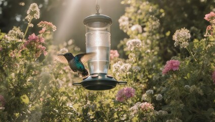 Obraz premium Hummingbird at Feeder Amidst Lush Floral Garden.