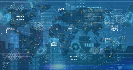 Animation of digital interface and data processing over blue background - Powered by Adobe