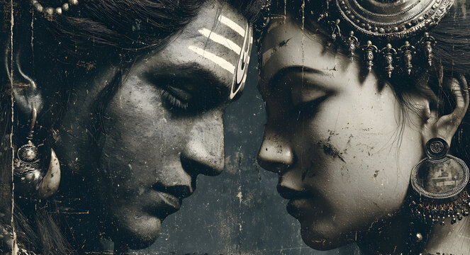 Illustration for maha shivratri in a grunge style with lord shiva and goddess parvati.