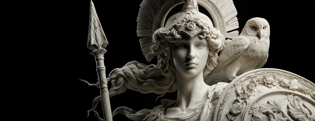 Portrait marble statue of the goddess Minerva or Athena holding a spear and shield, with owl on her shoulder, symbol of wisdom, against a black background with copy space. Generative Ai.