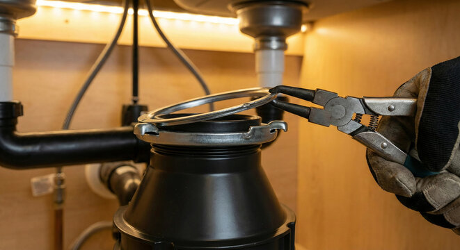 Installing garbage disposal mounting ring using snap ring pliers under sink