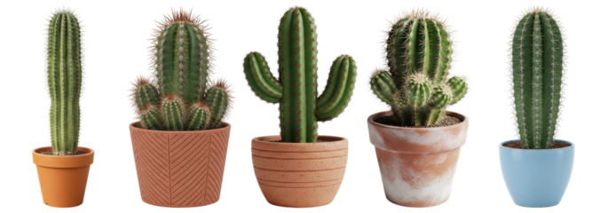 diverse collection of potted cacti in various shapes and decorative pots, beautifully isolated on a transparent background
