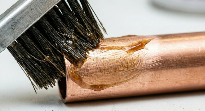 Applying flux paste to copper pipe end with brush for soldering preparation