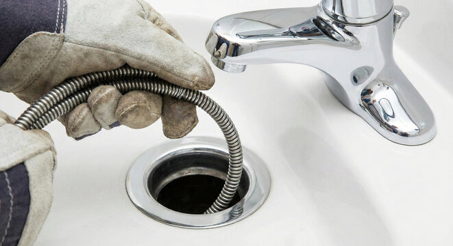 Inserting metal drain auger snake cable into white bathroom sink drain