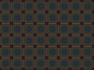 Seamless geometric pattern with colorful outlined squares on dark background creating an ornamental design