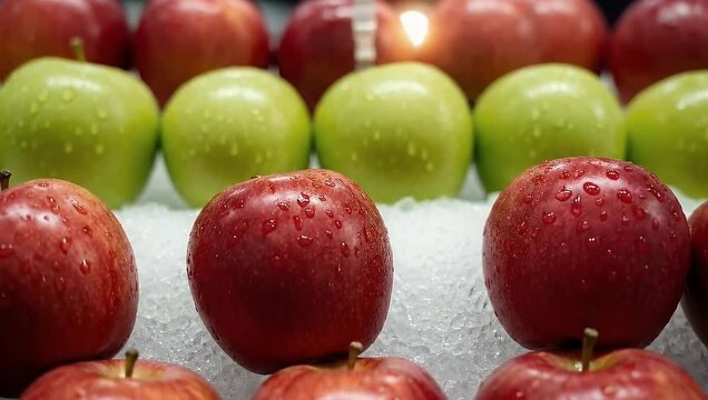 Fresh Apples Displayed on Ice: Red and Green Varieties with Water Droplets, Close-Up