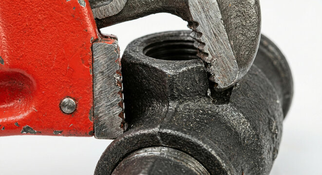 Red pipe wrench gripping black iron pipe threads showing teeth marks close up