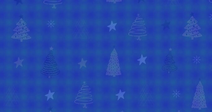 Animation of kaleidoscopic pattern over christmas tree icons and abstract shapes on green background