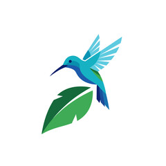 Naklejka premium Stylized blue hummingbird hovering above a green tropical leaf