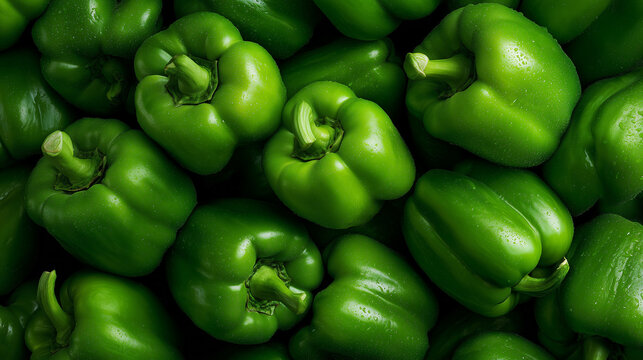 A pile of fresh green bell peppers, top view.