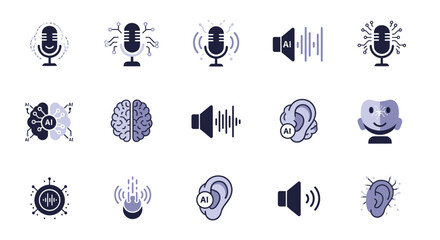 Modern Digital Icons for Artificial Intelligence Voice Recognition Sound and Hearing Technology Concepts.