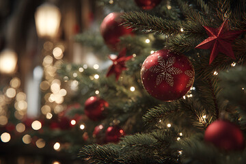 Fototapeta premium Dekorasi Pohon Natal dengan Ornamen Merah dan Lampu Hangat