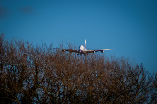 Unrecognisable approaching A380 over trees in Winter under a bright blue sky.