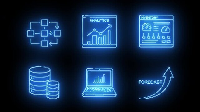 Glowing blue business analytics icons on a black background with a forecast concept.