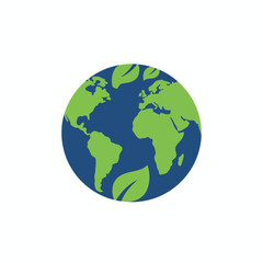 Stylized graphic of Earth with green continents and three leaves on a white background