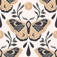 Cotton fabric Hand drawn seamless pattern with whimsigothic moth and moon celestial mystic insect background in gold and charcoal colors for textile and wallpaper