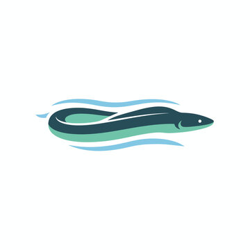 Stylized graphic of an eel swimming between two wave lines