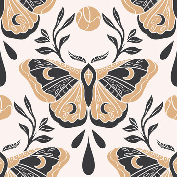 Hand drawn seamless pattern with whimsigothic moth and moon celestial mystic insect background in gold and charcoal colors for textile and wallpaper