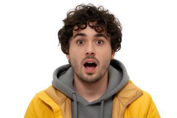 Shocked young man with curly hair gasps in surprise wearing yellow jacket and grey hoodie on transparent background.