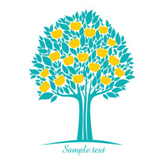 Apple tree. Apple tree with yellow apple, leaf isolated on white background. Design Elements. Vector illustration