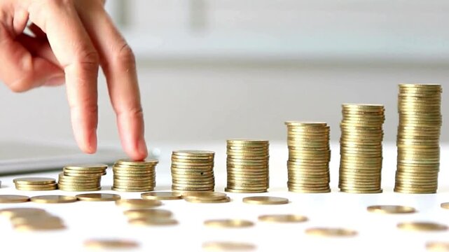 Conceptual shot of finger Walking on Rising Stacks of Gold Coins for Financial Growth. increase of capital in business and money, trading concept. 