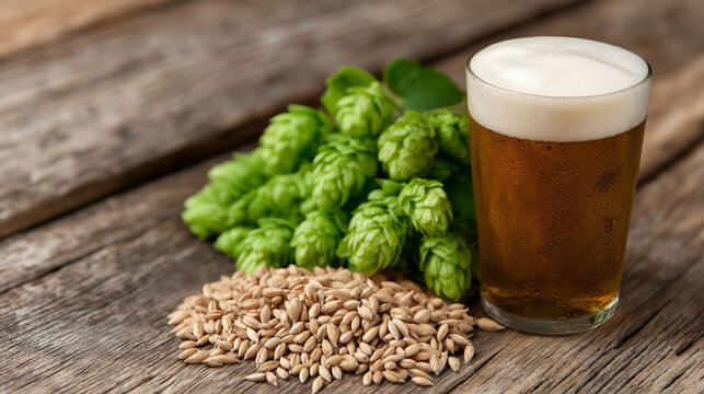 Craft beer ingredients for brewing process with fresh hops cones, barley malt grains, and a glass of cold lager ale on a rustic wooden table representing traditional beer production