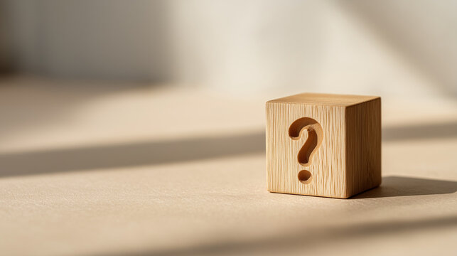 Wooden question mark cube representing concept of uncertainty, curiosity, doubt, decision making, problem solving, challenge, help, and frequently asked questions, copy space