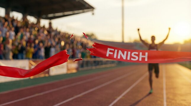 Finish Tape: A red finish line tape floating in the air against a blurred background, victory concept.