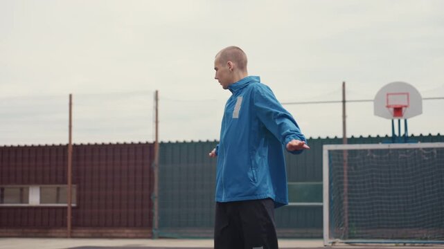 mid shot white male passing and controlling motion, blue jacket against empty urban pitch, focus on touch and balance, repeated technique for muscle memory, coach presence implied, calm disciplined