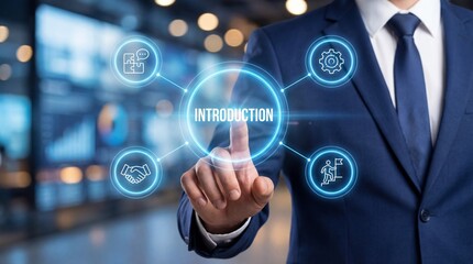 Businessman in blue suit interacting with virtual introduction interface in modern office