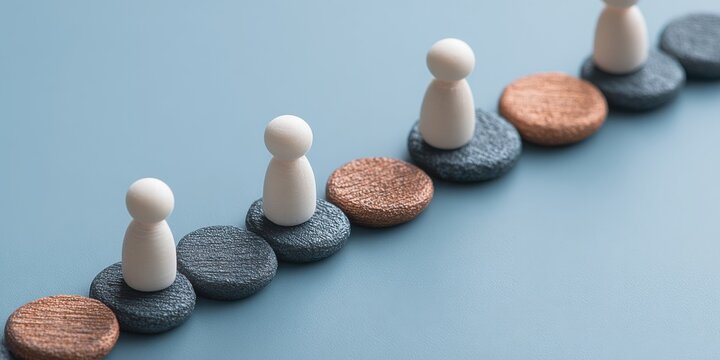 Wooden Pawns on Textured Circular Bases Arranged in a Diagonal Line Across a Blue Textured Surface