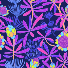 Neon floral pattern in blue-violet tone. Hand-drawn bright flowers.
