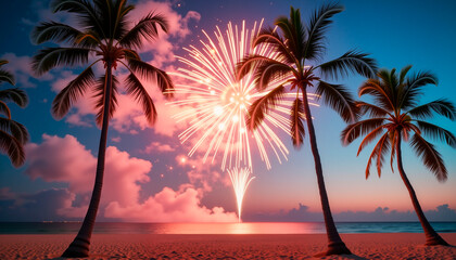 Dazzling fireworks exploding over a beach with palm trees at sunset  